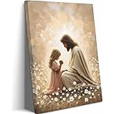Jesus Christian Framed Canvas Wall Art Jesus And Little Girl Prayer Painting Picture Wall Decor Religious Bible Story Poster Print Artwork For Living Bedroom Room Church Home Decoration 12x16 Inch