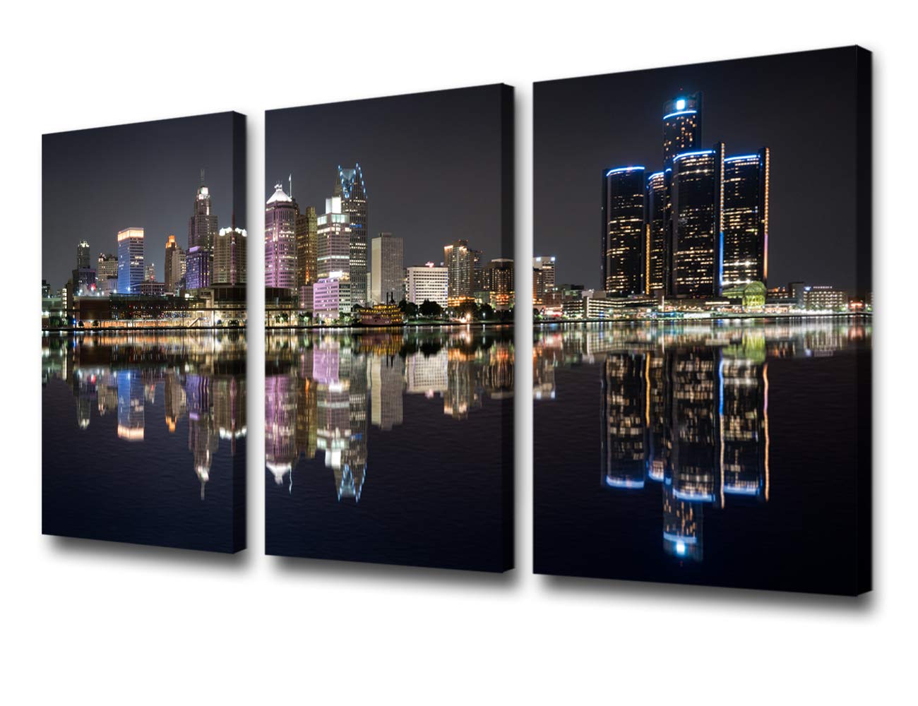 Wall Art Beautiful Detroit Skyline Black & White Canvas Art Paintings for Room Decor Cityscape Skyscrapers Night Scene Picture Prints On Canvas for Home Decor Modern Framed -24' 'x 12'' x 3 panels