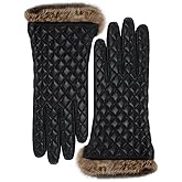 VIKIDEER Winter Warm Cashmere Lining Rabbit Fur Cuffs Leather Gloves for Women Touchscreen Cashmere Lined