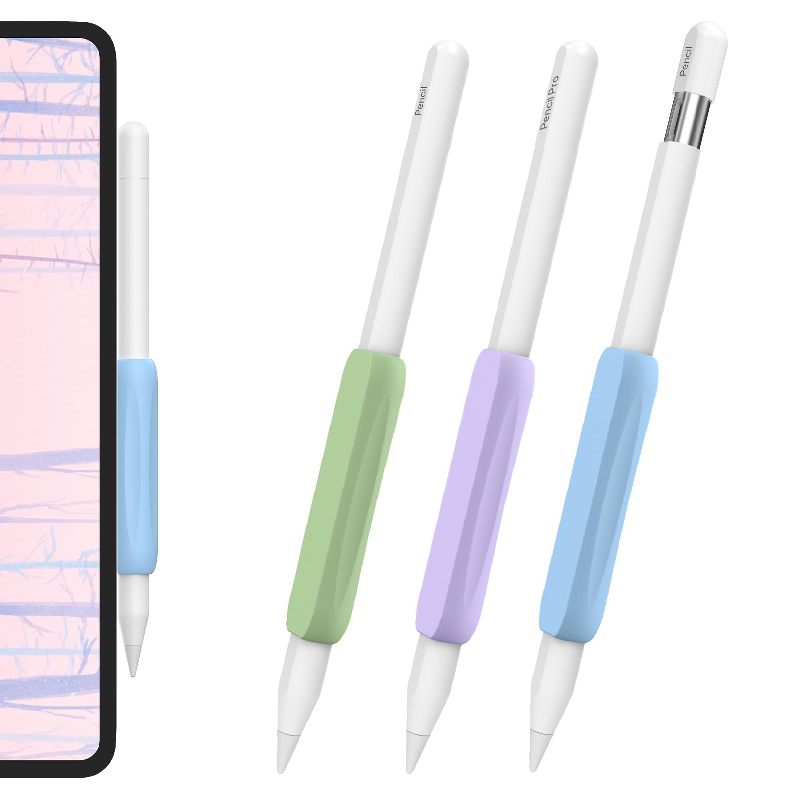 AhaStyle 3 Pack Silicone Grips for Apple Pencil Pro, Apple Pencil (USB-C) and Apple Pencil 2nd Generation Holders Ergonomic Design Grip Protective Sleeve Compatible with iPad Pen (Lavender+Blue+Green)