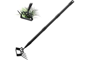 INFLATION Stirrup Hand Hula Hoe Heavy Duty Metal Gardening Weed Puller Tool 4 Tines Prong 2-in-1 Herb Stripper Yard Rake for Women Kids Men Garden Grandpas Weeder 32-62 inch Long Adjustable Handle