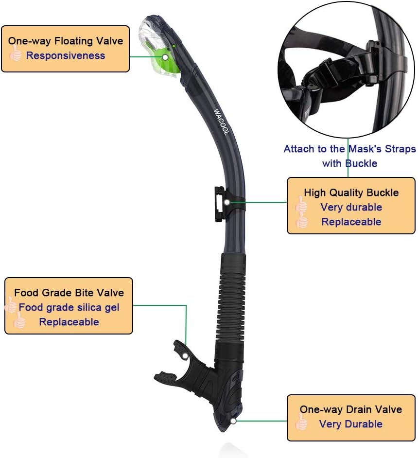 WACOOL Dry Top Snorkel Tube Comfortable Mouthpiece One-Way Purge Valve with Buckle for Pool Open Water Scuba Lap Swimming Swimmer Training Diving Snorkeling (Black) : Sports & Outdoors