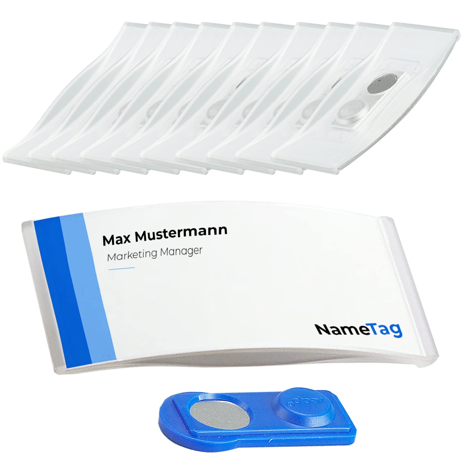 Ironix Name Badges with Double Magnet, Name Labels for Clothes, 75 x 32 mm, Name Tags Magnet for Trade Shows, Conferences or Presentations, Magnetic Labels for Labelling (Pack of 10, Transparent)