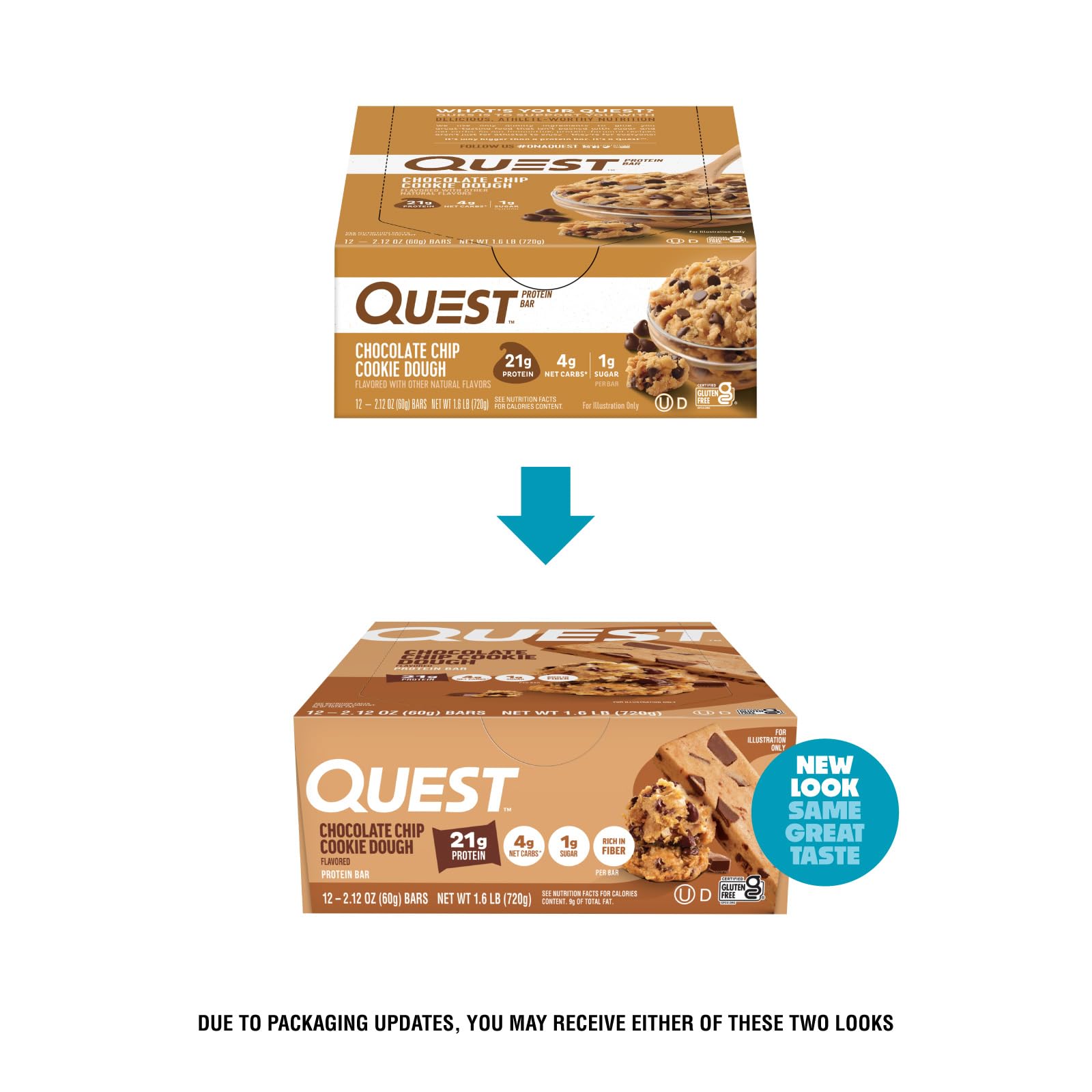 Quest Nutrition Chocolate Chip Dough Cookie Protein Bars, 21g Protein, 1g Sugar, 4g Net Carb, High Fiber, Gluten Free, Keto Friendy, 12 Count