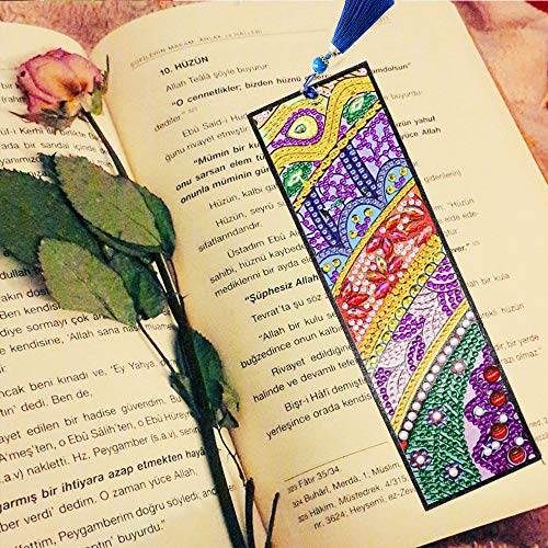 Fundaful 2pcs Diamond Painting Bookmark 5D DIY Special Shape Diamonds Shiny Rhinestone Art Kits for Adults Kids Mosaic Leather Tassel Corss Stitch Embroidery Handmade Gift Sun Flowers Landscape