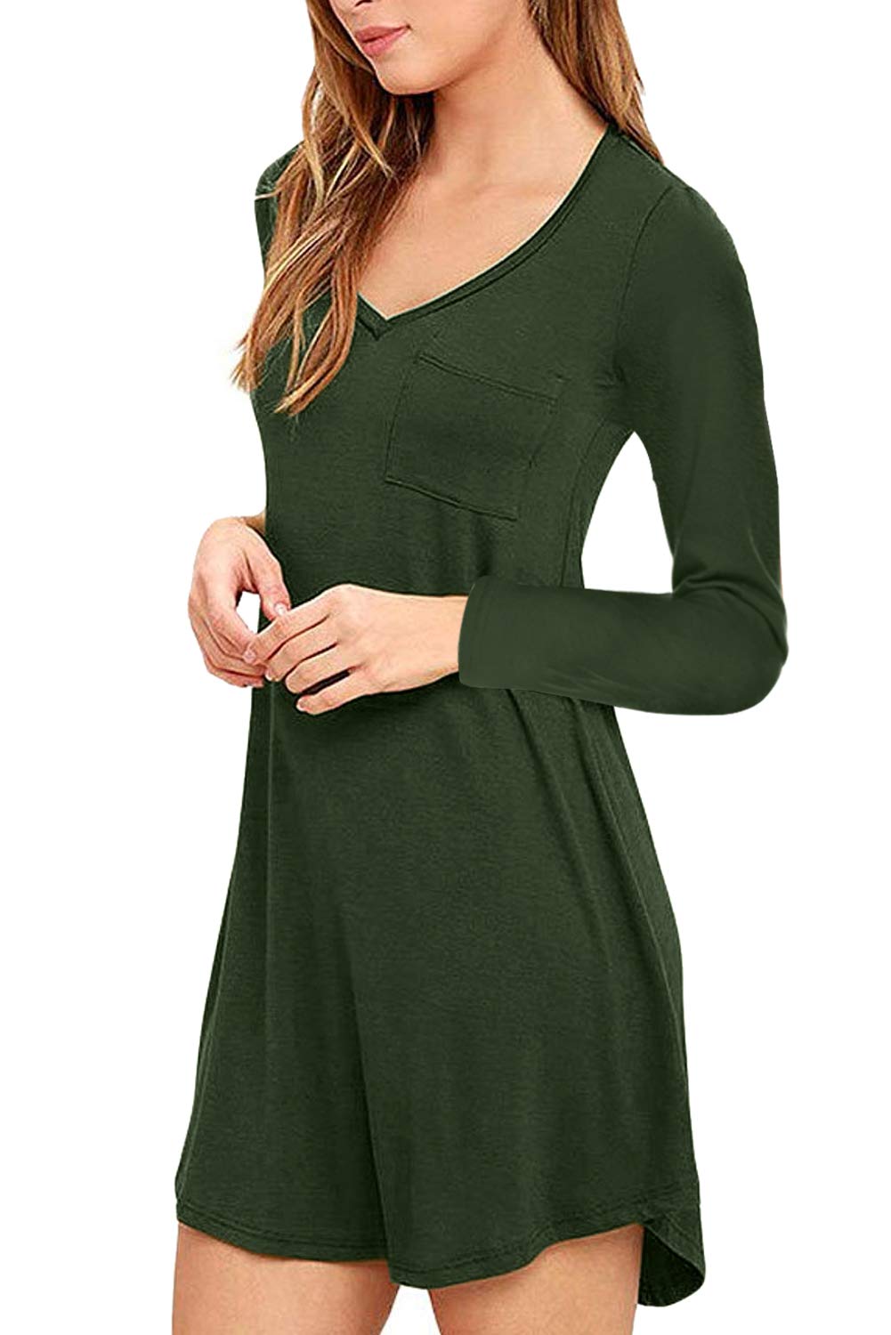 Eanklosco Womens Casual Short Sleeve Plain Pocket V Neck T Shirt Tunic Dress (Green-1, M)