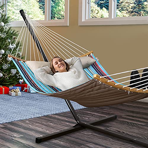 Large 2 Person Double Hammock with 12FT Portable Steel Stand, Quilted