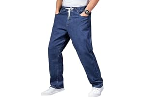 Men's Plus Size Elastic Waist Drawstring Jeans, Pull on Baggy Jogger Jean Straight Loose Denim Sweatpants for Senior