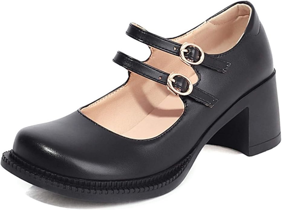 Lady's Square Toe Buckle Strap Pumps High Block Heel Mary Jane Shoes