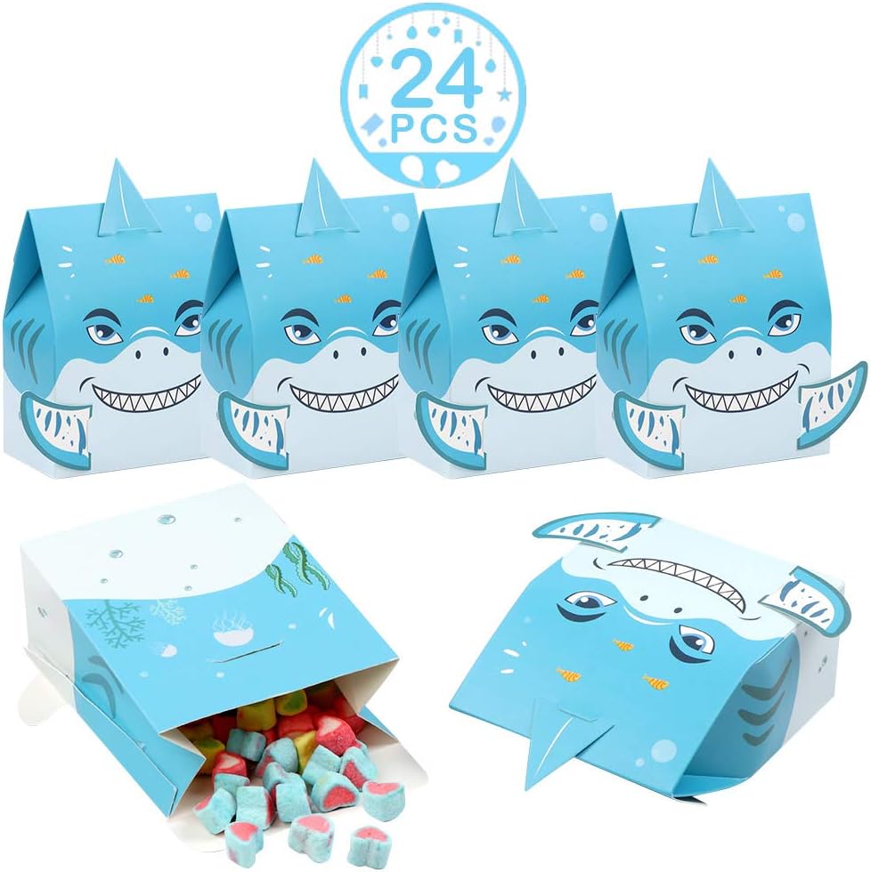 Aparty4u 24pcs Baby Shower Party Boxes Party Supplies Cute Shark Paper Gift Bags Party Favour Candy Box for Kids Birthday Party Decoration, Blue