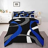 Modern Abstract Comforter Set King Size,Navy Blue Grey Black Bedding Sets 3Pcs for Kids Boys Men Adult Room Decor,Spiral Artistic Striped Quilt Set Geometric Lines Duvet Insert,2 Pillowcases