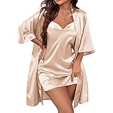 Ekouaer Women's Satin Robe Set Nightgown with Robes Silk Pajama Set 2 Pieces Lingerie Cowl Neck Cami Sleepwear Sets