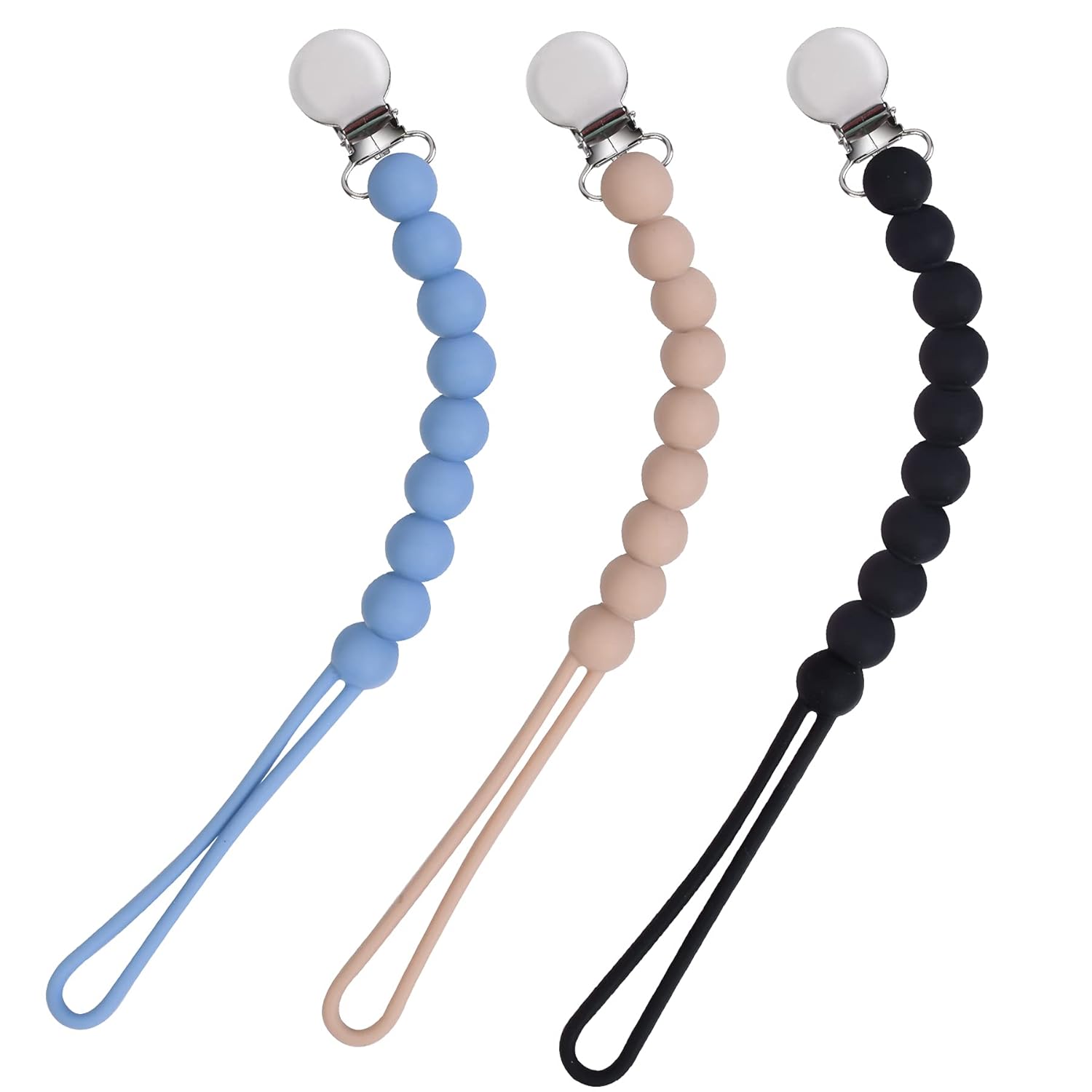 Viyuse Pacifier Clip, One-Piece Teething Silicone Beads Toy, BPA Free Teether Clips Soothers Binky Holder for Newborn Baby Girls and Boys Birthday Christmas Shower Gift (Black 3pack) : Baby