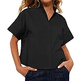 Cicy Bell Womens Cropped Short Sleeve Button Down Shirts Pleated Summer Dressy Casual Blouse Stand Collar Loose Fit Tops