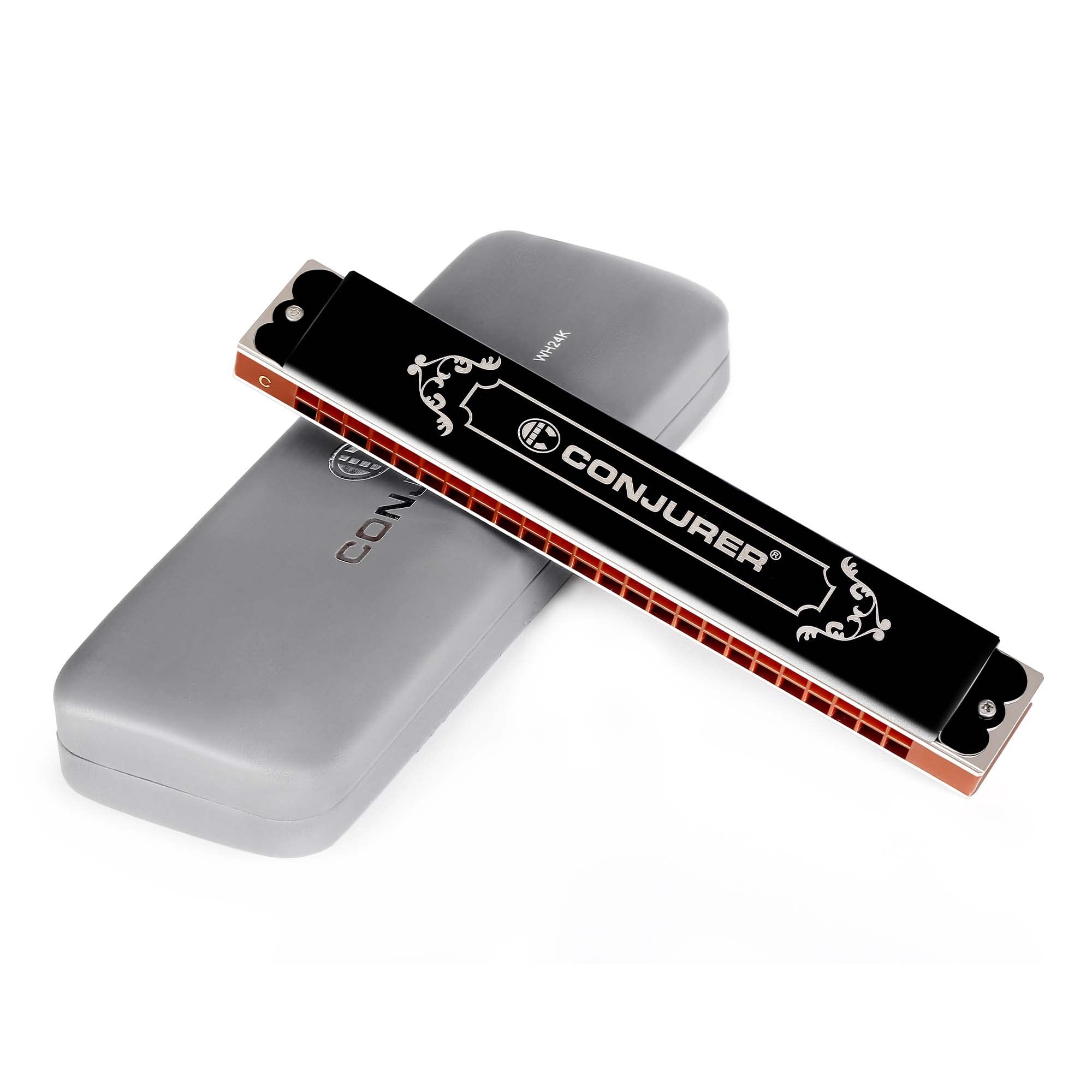 CONJURER Harmonica 24 Holes Tremolo Harmonica Key of C, Professional Harmonica with Case, Tremolo Mouth Organ Mouth Harp for Beginner, Professional, Students, Friends, Gifts.（Black）