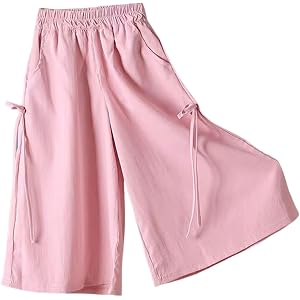 Girls Elastic Waist Ice Silk Cropped Pants Summer Solid Color Loose Wide Leg Casual Breathable Flowy Side Tie Culotte Pants