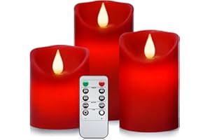 Roomsily Flameless Battery Operated Flickering Candles:3PACK Red Real Wax Pillar Candle,Electric LED Candle with 10-Key Remote Control and 24 Hours Timer for Home Decoration Holiday Party