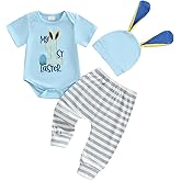 Bonangber Newborn Baby Boy Easter Outfit Bunny Carrot Print Short Sleeve Romper Casual Pants Set First Easter Outfit