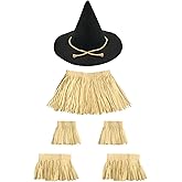 Benwanfee 6 Pieces Scarecrow Costume Set Include Raffia Scarecrow Straw Kit and Black Hat for Party Accessory Halloween Decoration