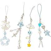 chihimoer 4PCS Blue-phone Charm Y2K Phone Accessories Aesthetic Keychain Star Flower Cloud Starfish Cute Decor String Cellphone Chain Pendant Strap Lanyard Butterfly Crystal Ribbon Bead