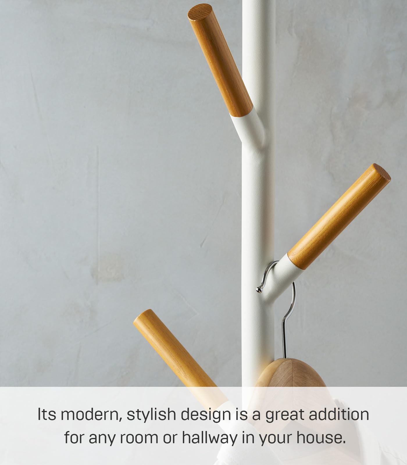 Yamazaki Home Freestanding Coat Hanger Rack with Wooden Hooks, Space Saving Steel One Size White