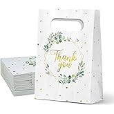 WEEPA 24 Pcs Thank You Sage Greenery Paper Gift Bags Eucalyptus Leaf Goodie Bags Gold Foil White Paper Bag for Gender Reveal Wedding Party Decorations
