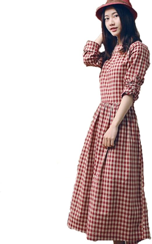 チェックワンピース レディース レトロ 7分袖 ロング丈 コットン ギンガム ワンピ チュニック 着痩せ マキシ フレアスカート 春夏秋 レッド ｌ ワンピース チュニック 通販 Amazon