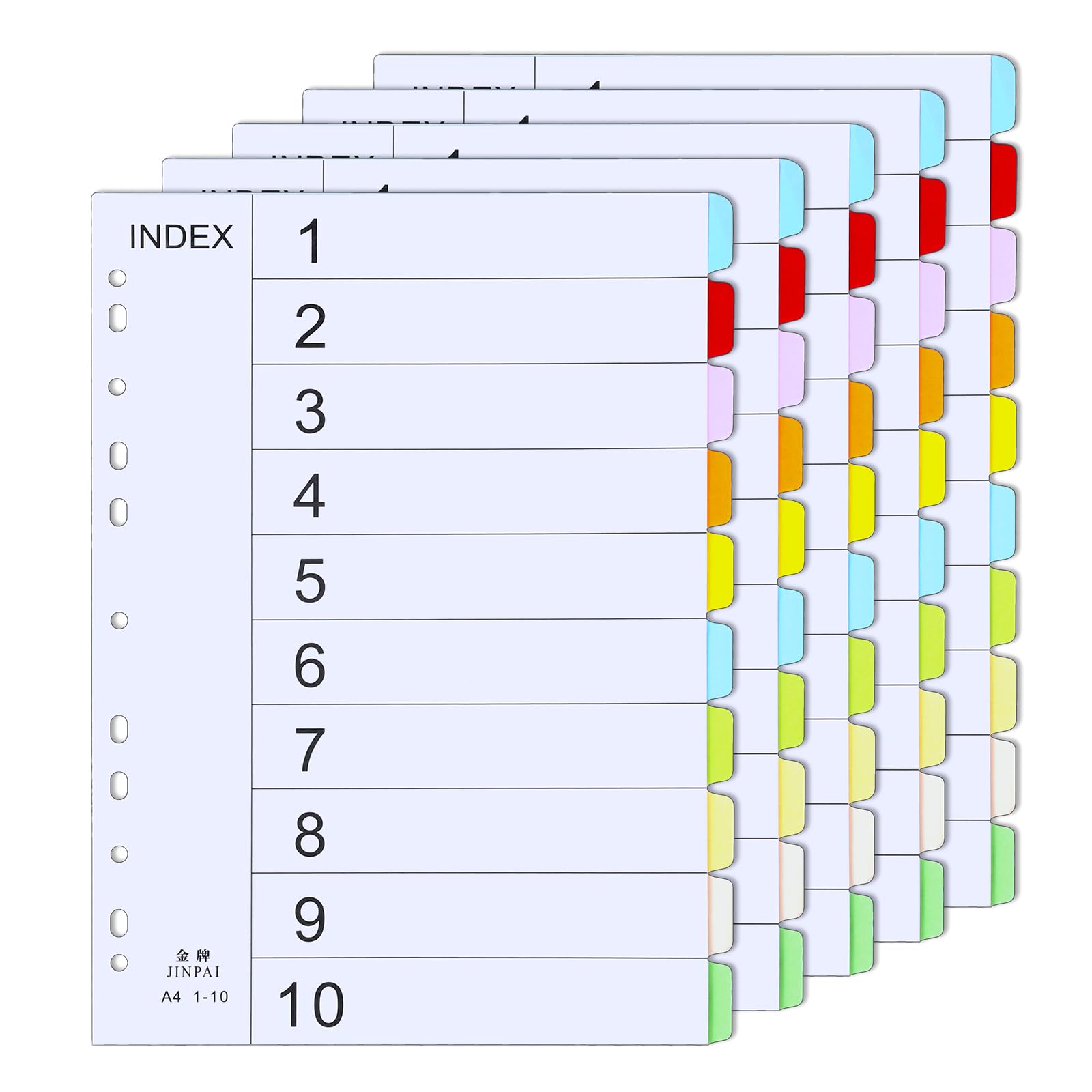 A4 File Dividers, 5 Pack 10 Part Coloured Multi Hole Punched Tabbed Index Dividers for Lever Arch Files & Ring Binders