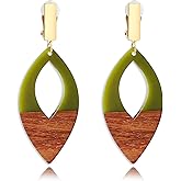 Fiklon Wooden Geometric Clip On Earrings Women Gold Black Wood Non Pierced Ears Dangle Drop Earrings Triangle Leaf Comfortable Clip Earrings Jewelry