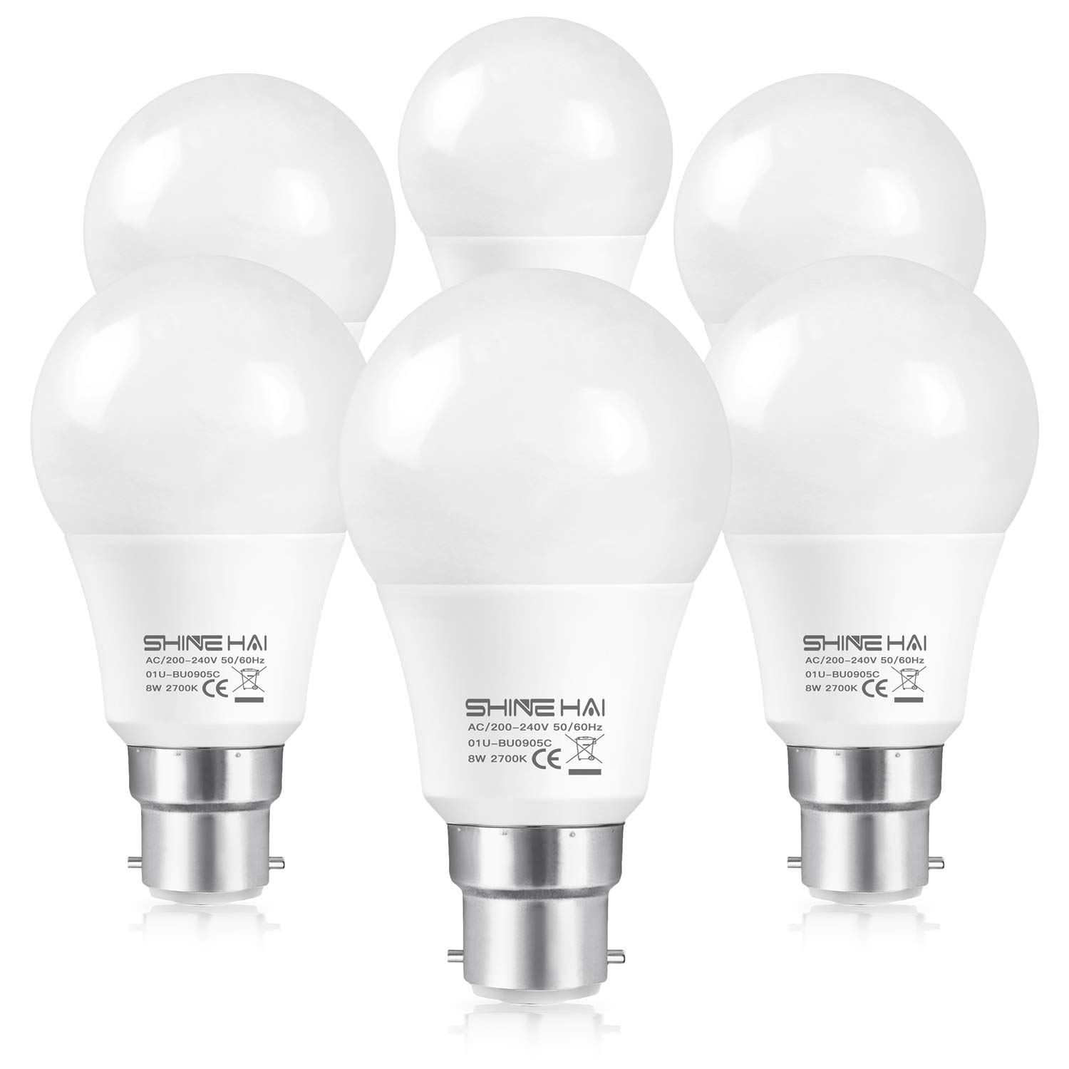 SHINE HAI B22 LED Light Bulbs 60W Equivalent, 8W LED BC Bulb