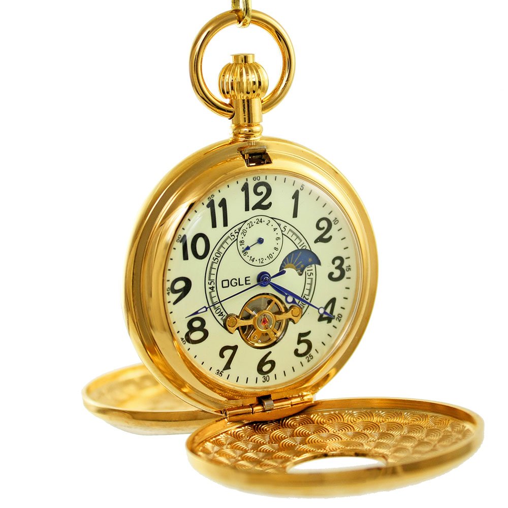 OGLE Vintage Copper Double Cover Tourbillon Phases Moon Chain Fob Self Winding Automatic Mechanical Pocket Watch