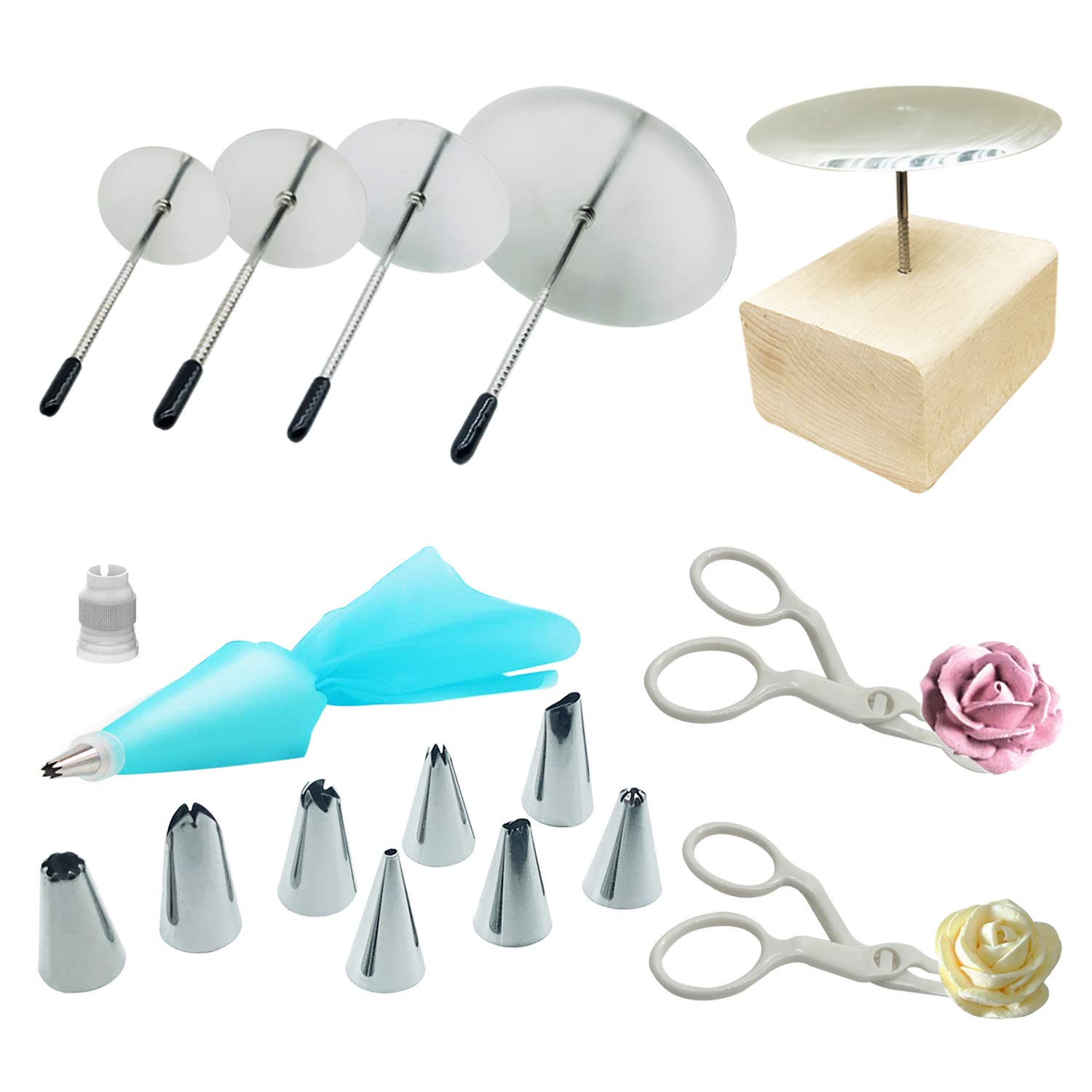 Woohome 17 PC Cake Decorating Supplies - 4 Flower Nails, 2 Flower Lifters, 1 Wood Holder & Cake Decorating Tips Combo