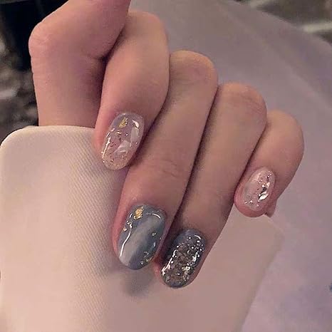 Amazon Co Jp ネイルチップ 高度な グレー 青い マニキュア パッチ ネイルチップ 大理石 爪 ヒント 日本人 シェル 着用 爪 終了しました ピース Yanw ホーム キッチン