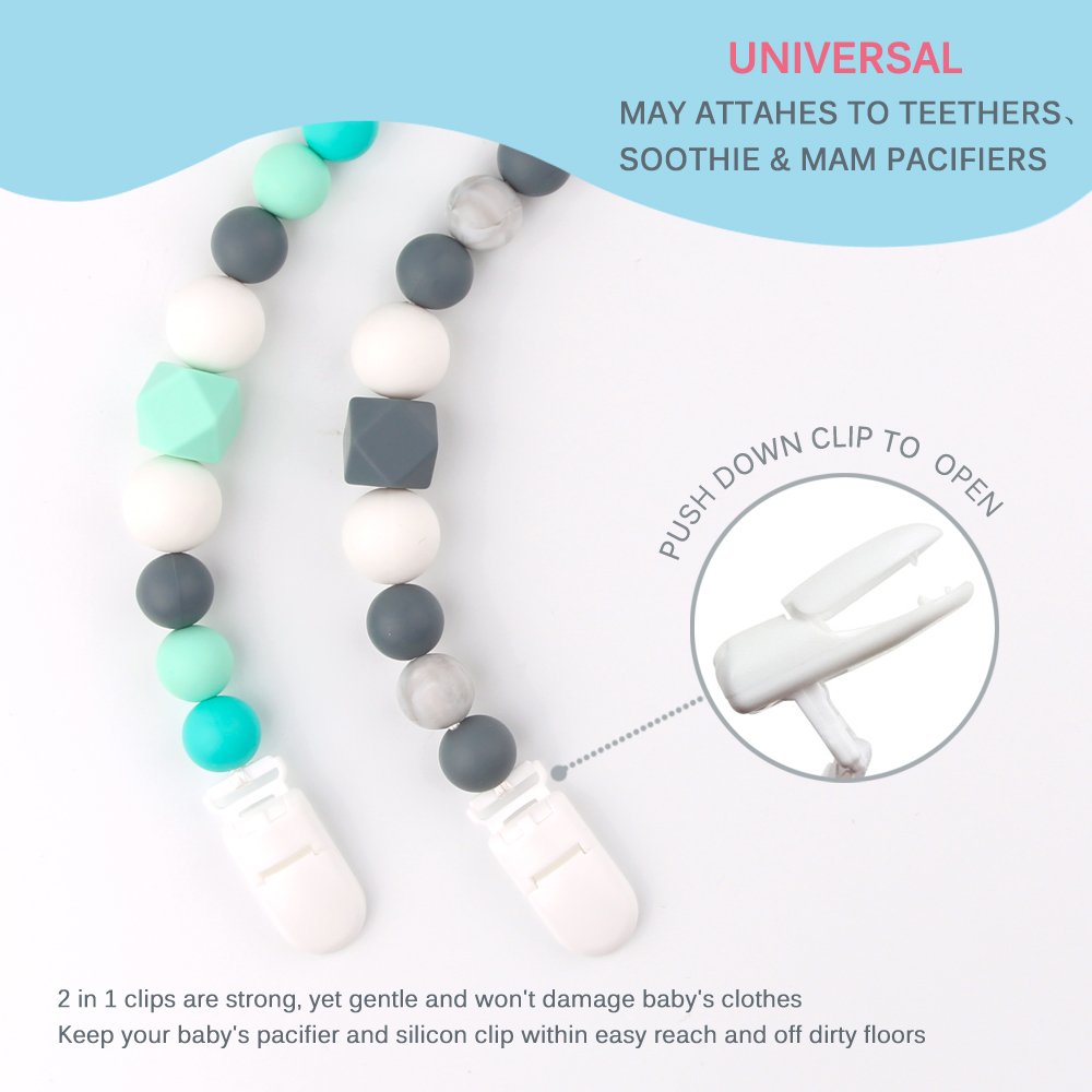 TYRY.HU Pacifier Clips Boys Baby Paci Clip Silicone Teething Beads Soothie Binky Holder Teether Toys Birthday Christmas Shower Gift (Green, Gray) : Baby