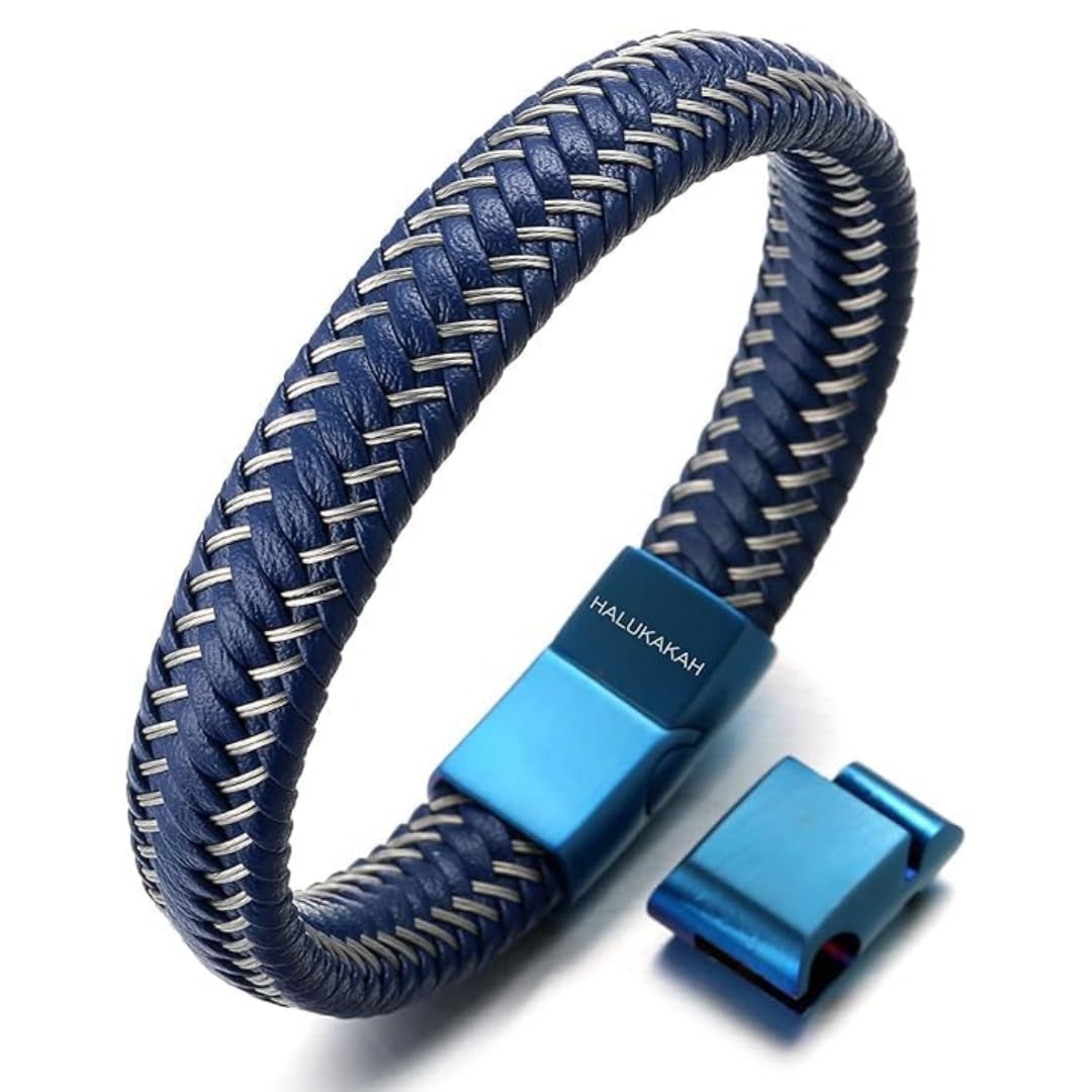 HALUKAKAH Plus ● Jazz ● Men's Genuine Leather Bracelet Titanium Magnetic Clasp Size Adjustable 8"-8.5"(20.5-21.5cm) with Free Giftbox(Blue) — image 1