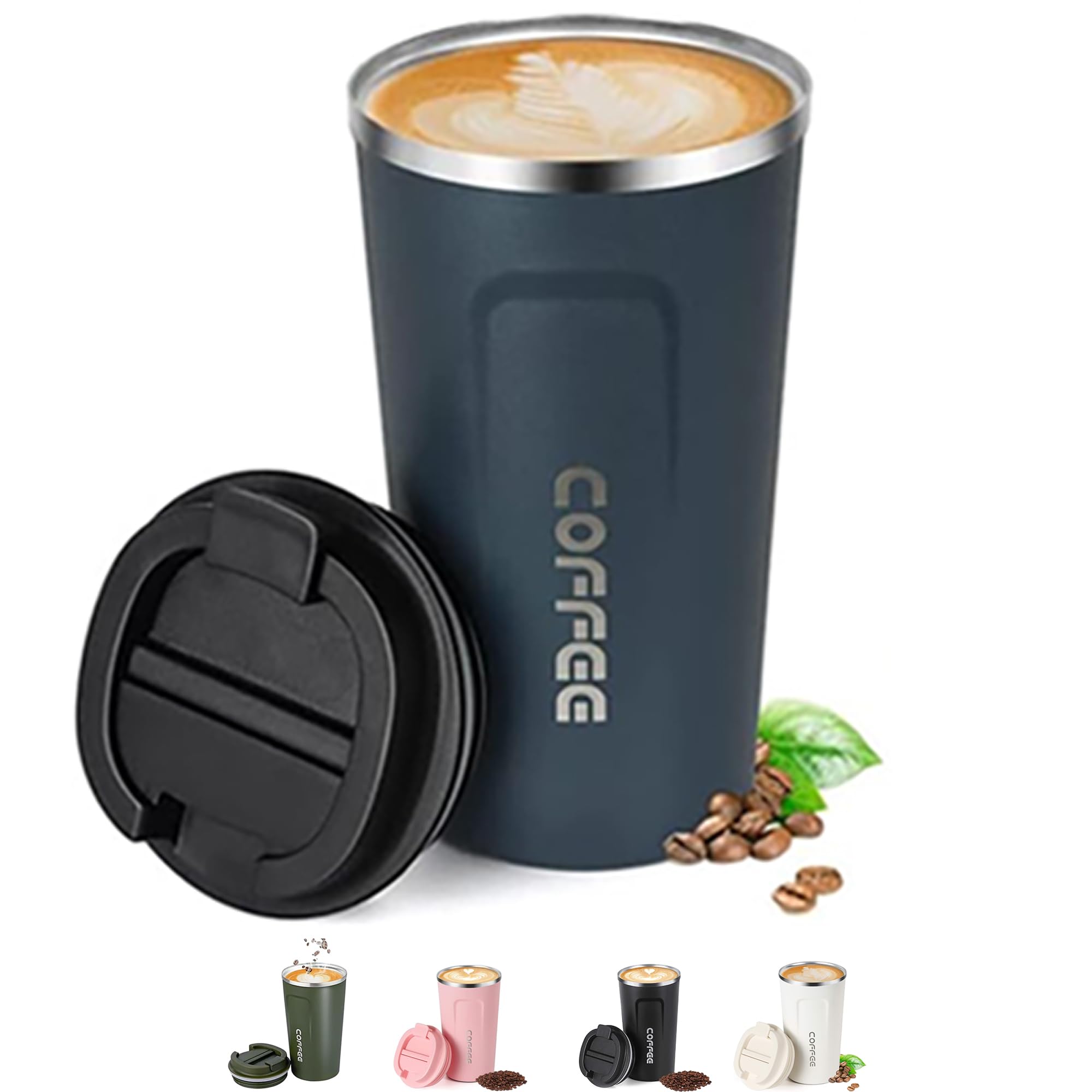 Shunshi Insulated Coffee Cup with Leakproof Lid - Reusable Travel Mug, Keeps Drinks Hot or Cold (Blue/510ML)