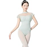 RuiBalletto Women's Ballet Leotards with Mesh Splicing, Ruffle Sleeve Dance Bodysuit with Full Front Lining