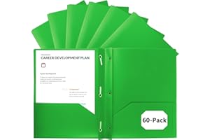 EEHZTSI 60-Pack Plastic Folders with Pockets and Prongs,2-Pocket Folders with 3 Fasteners, Poly Folders Holds 8-1/2" x 11" Paper for School/Office/Home, Green