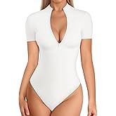 MANGOPOP Long Sleeve Body Suit Mock Turtle Neck Zip Up Bodysuit for Women Ribbed Deep V Sexy Bodysuit Shirts