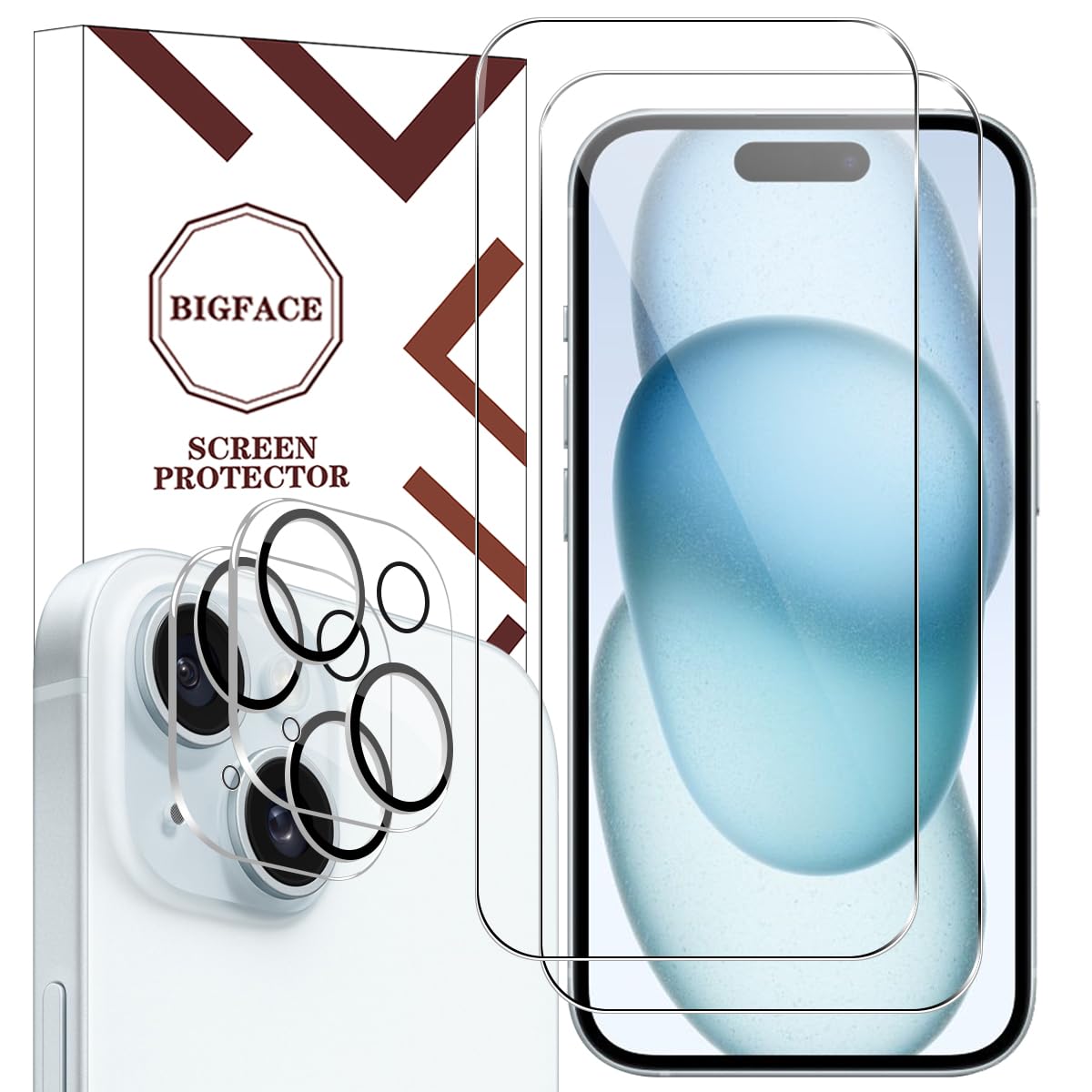 Photo 1 of BIGFACE Compatible with iPhone 15 Screen Protector + Camera Lens Protectors, [2 + 2 Pack] Premium HD Clear Tempered Glass, Anti-Bubble 3D Curved Accuracy Film For iPhone 15(6.1 Inch)