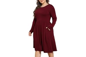 POSESHE Women's Plus Size Dresses 2024 Long Sleeves Crew Neck Casual Dresses Empire Waist Loose Flowy Dress with Pockets