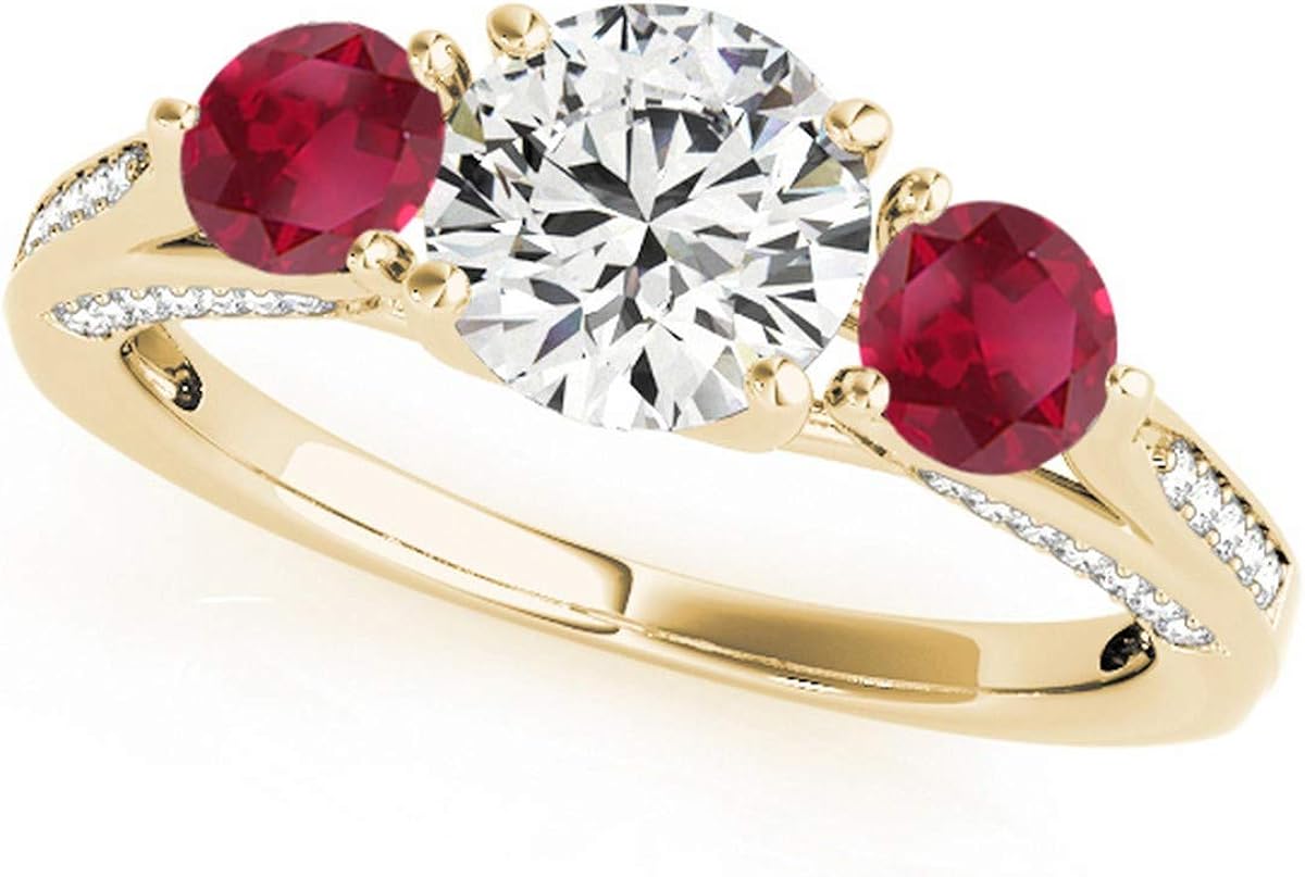 Three Stone Round Ruby Engagement Ring 14k Yellow Gold (1.69ct