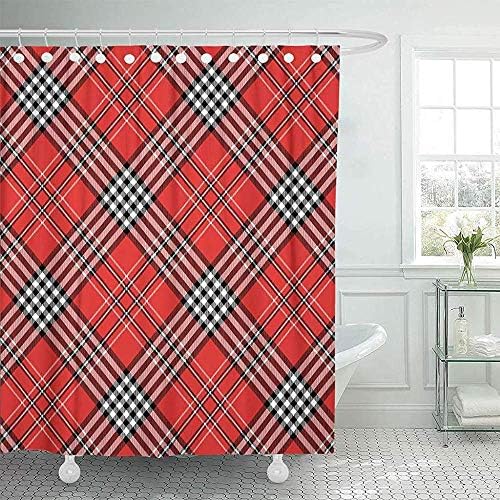 Shower-Curtains/Bath Curtain, Fabric Shower Curtain Hooks eck Tartan Plaid Pattern in Red Black White ecker British Preppy Bedding Border Decorative Bathroom Treated to Resist Deterioration Mildew