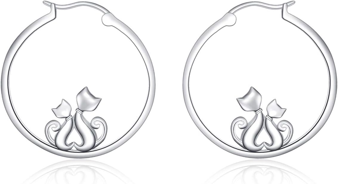 LUHE Cat Stud Earrings,Cat Pendant Necklace,Cat Hoop Earrings Sterling Silver Cats Jewelry Gift for Women Teens Girls