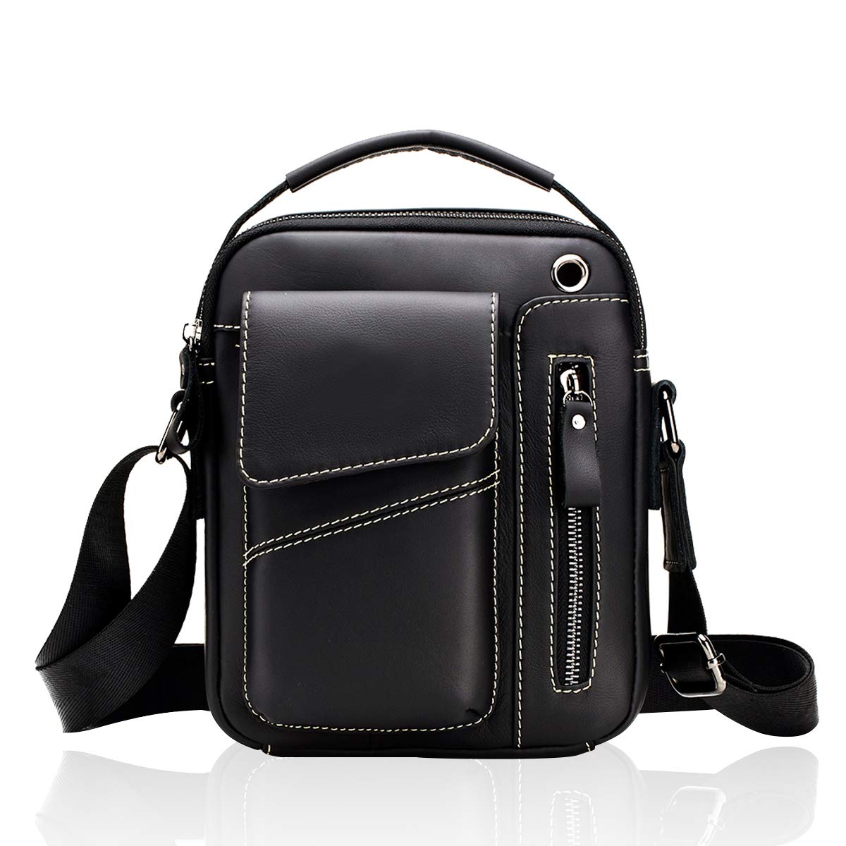 MANNUOSI Men's Crossbody Messenger Bag Genuine Leather Handbag Leather Shoulder Messenger Bag for Men Commuter Business Travel School Black2