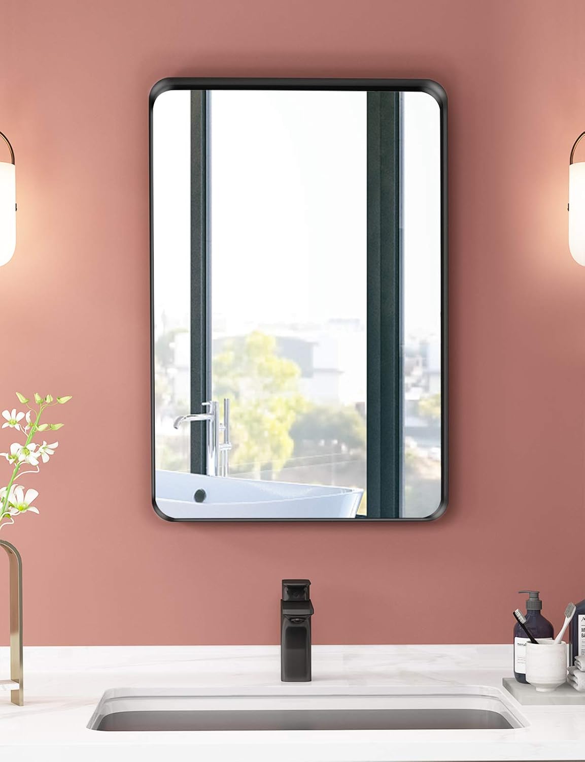 NXHOME Rectangle Metal Frame Wall Mirror for Bathroom 18 x 24 Inch Wall Mounted Vanity Mirror Rounded Corner Black Frame Decorative Mirrors for Living Room Bedroom: Furniture & Decor