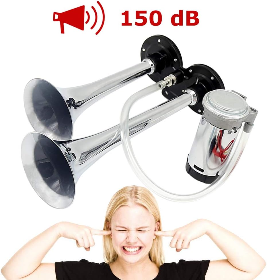 Bocina Aire Para Coche Moto Kit De Bocina De Aire Súper Fuerte 600DB Para Coche, Camión O Tren - 12V, Doble Trompeta, Compresor Incluido, 115 DB Kit Bocina 600db Doble Trompeta
