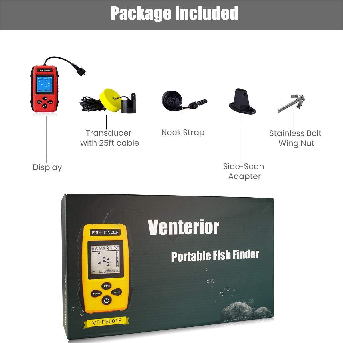 Venterior Portable Fish Finder Handheld Fishfinder Depth Finder Ice Kayak Fishing Gear with Sonar Transducer and LCD Display (Deep Red): GPS & Navigation