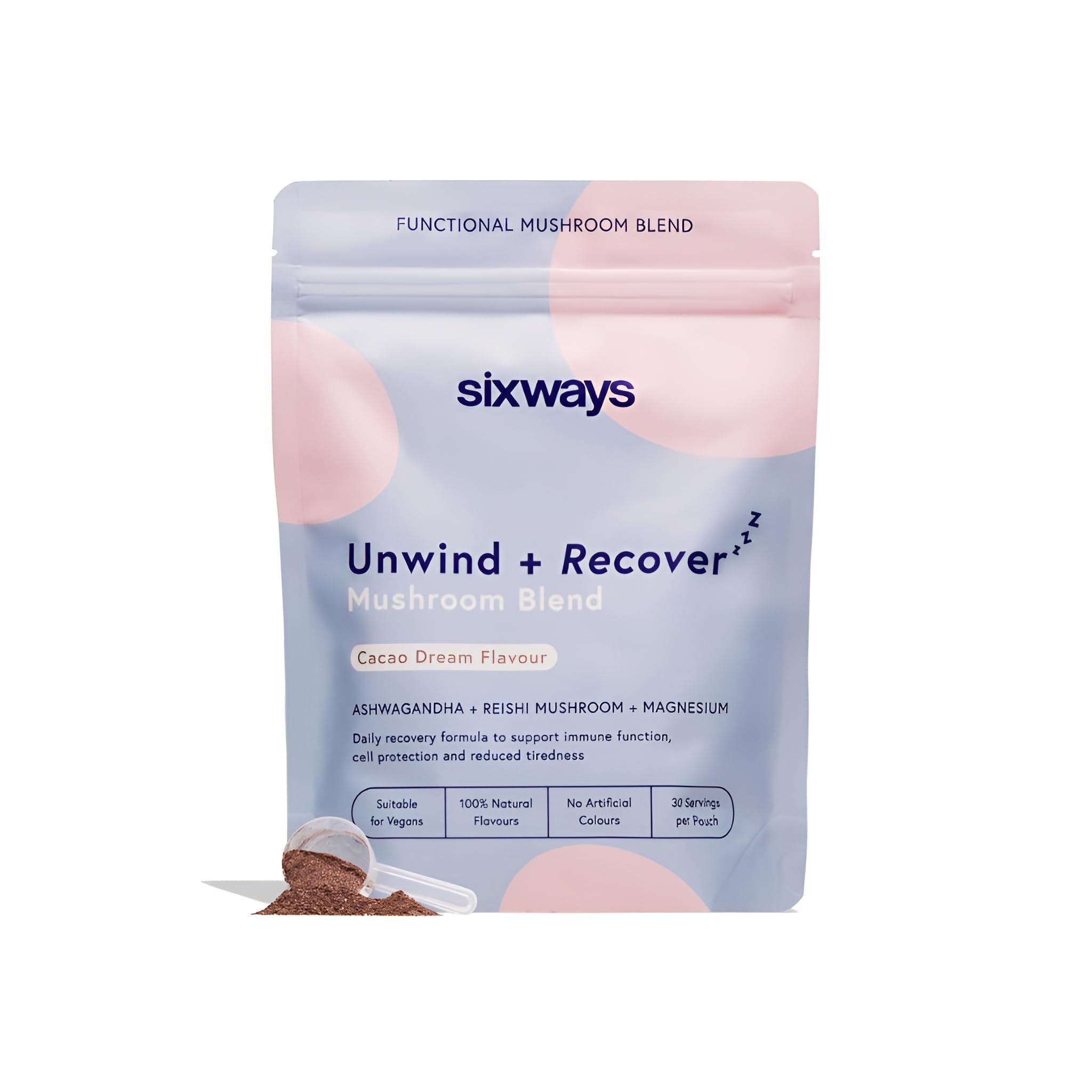 Sixways Unwind & Recover Sleep Drink, Cacao Flavour, 30 Servings with Ashwagandha, Magnesium Bisglycinate, Reishi Mushroom & L-Tryptophan, Vegan, Gluten Free (150g)