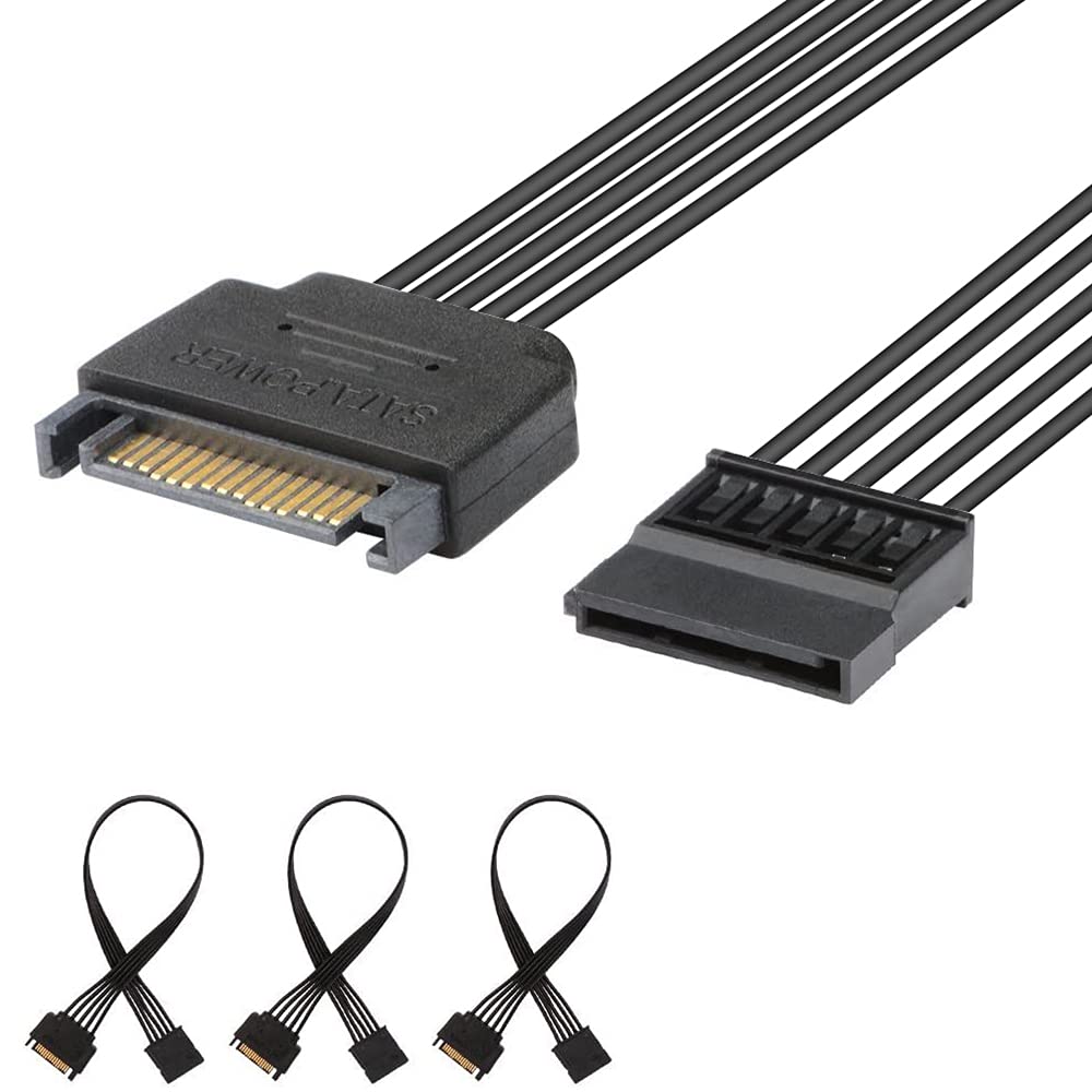 J&D 15 Pin SATA Power Extension Cable (3 Pack), Male to Female Cable, 10 inch, Black